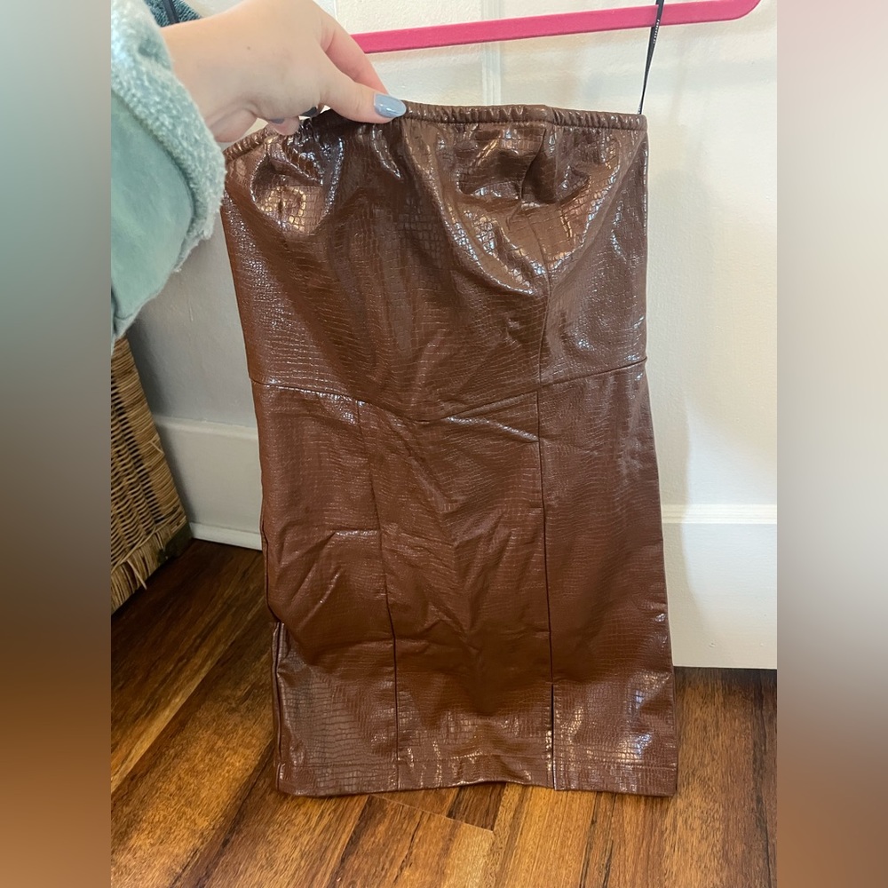 Forever 21 strapless faux leather brown crocodile dress